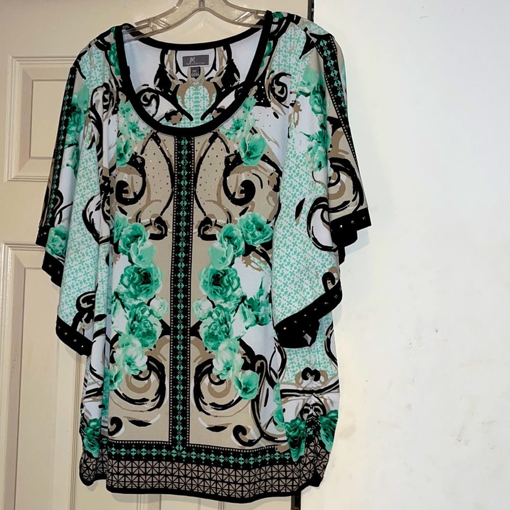 JM Collection Newly Dry Cleaned Mint Green Floral Beaded Poncho Size XXL